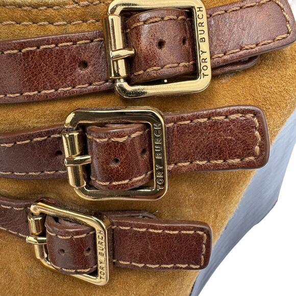 Tory Burch Gabrielle Brown Suede Wedge Booties Almond Toe & Tri-Buckle, Size 7M - Picture 8 of 12